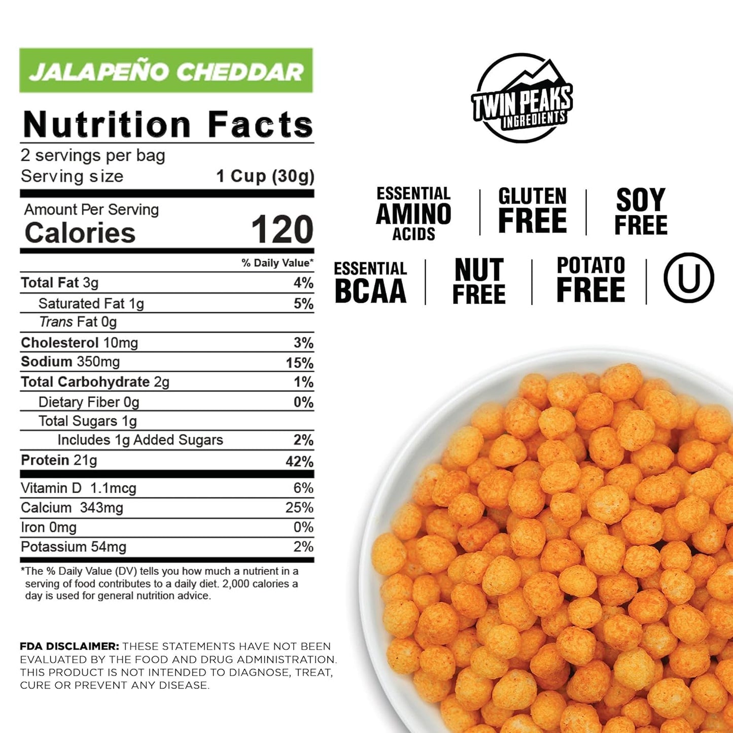 Twin Peaks Low Carb, Keto Friendly Protein Puffs, (Jalapeno Cheddar, 2.1 Ounce), 2 Servings, 3 Pack (60G, 42G Protein, 4G Carbs)