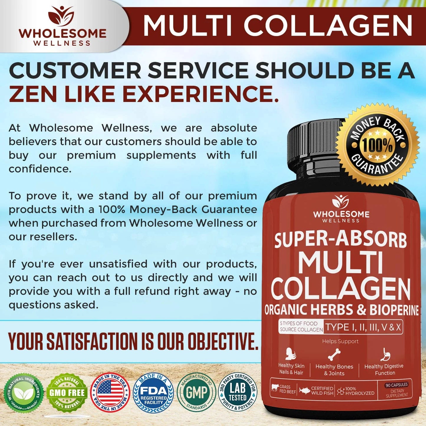 Multi Collagen Pills (Type I II III V X)And Bioperine - Hair, Skin, Nails, Joints - Collagen Peptides Protein Supplement for Women Men