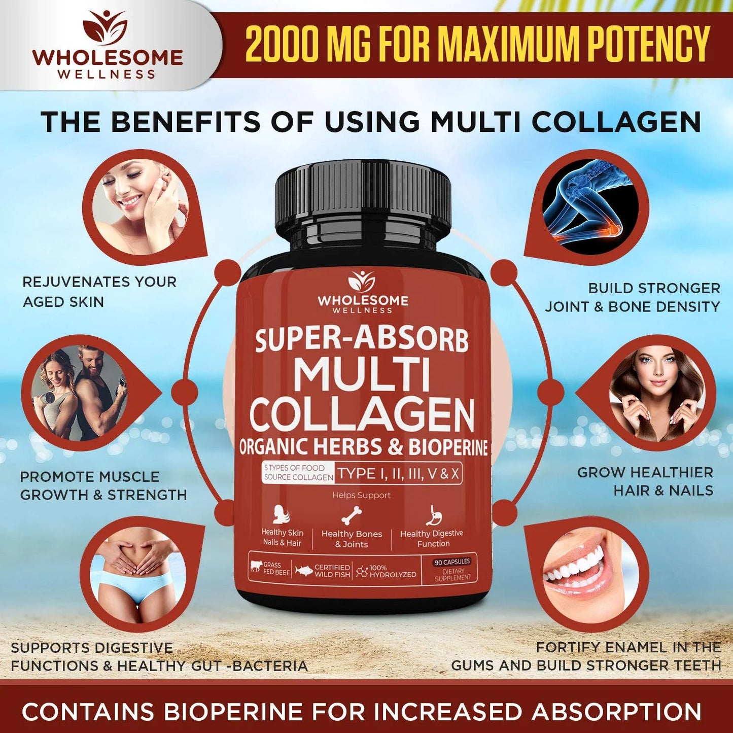 Multi Collagen Pills (Type I II III V X)And Bioperine - Hair, Skin, Nails, Joints - Collagen Peptides Protein Supplement for Women Men