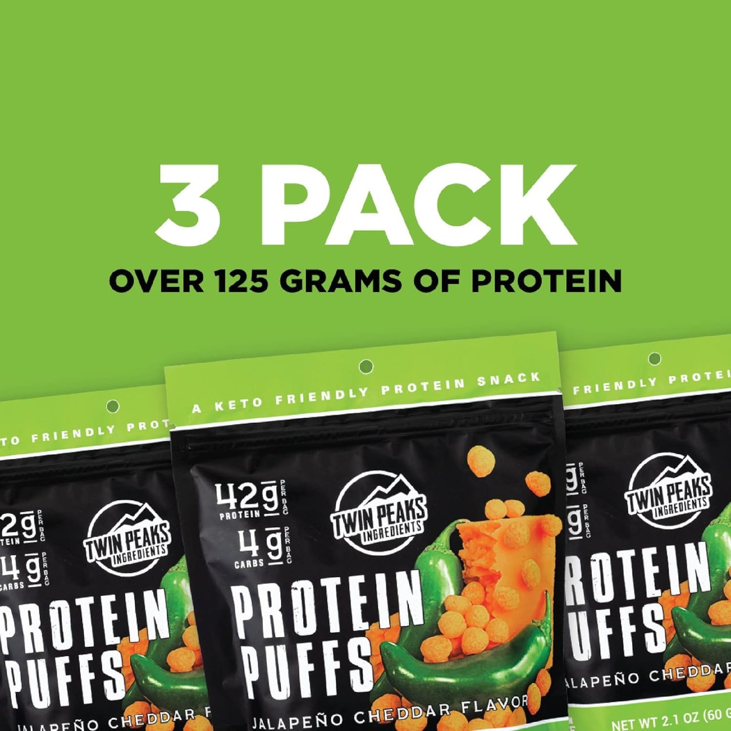 Twin Peaks Low Carb, Keto Friendly Protein Puffs, (Jalapeno Cheddar, 2.1 Ounce), 2 Servings, 3 Pack (60G, 42G Protein, 4G Carbs)