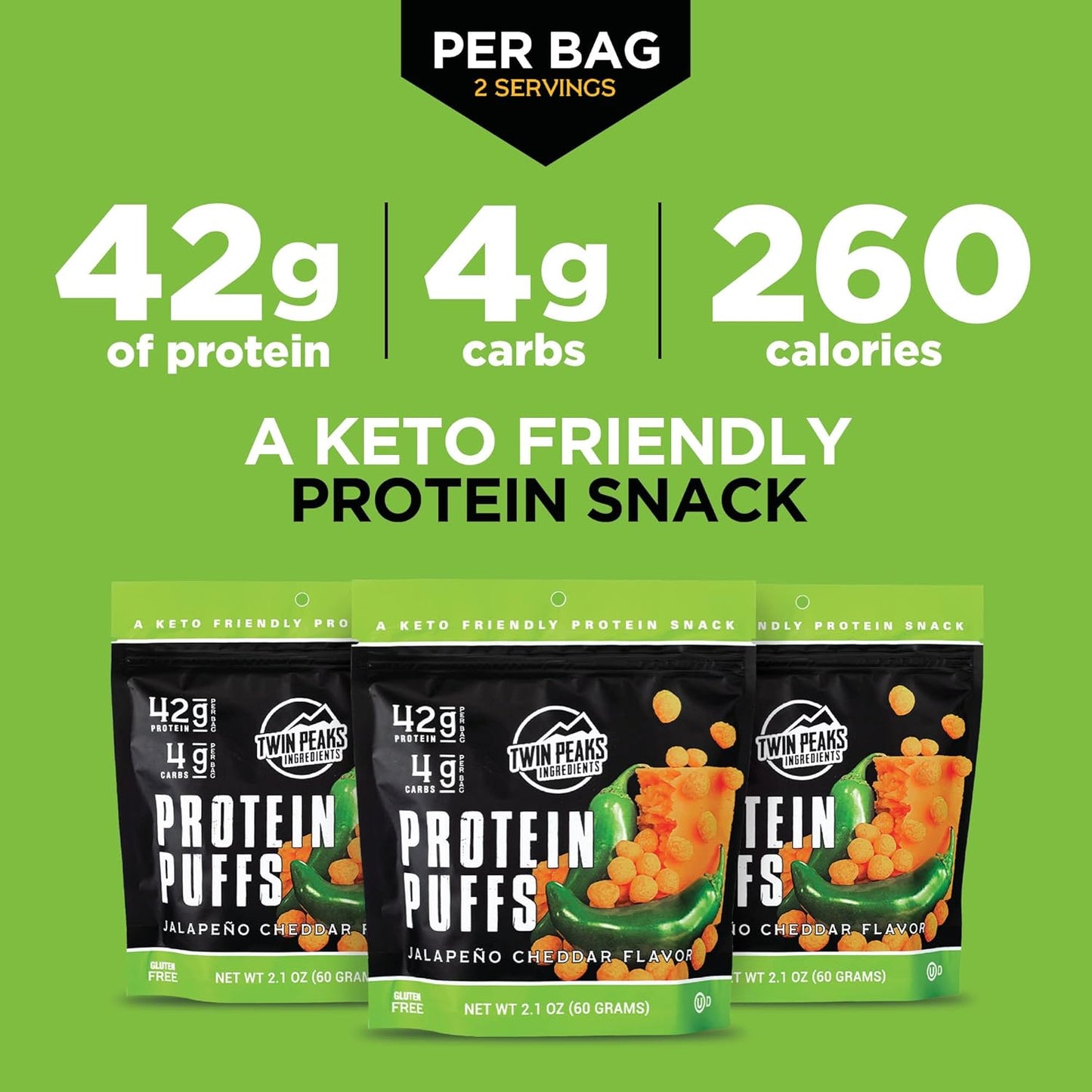 Twin Peaks Low Carb, Keto Friendly Protein Puffs, (Jalapeno Cheddar, 2.1 Ounce), 2 Servings, 3 Pack (60G, 42G Protein, 4G Carbs)