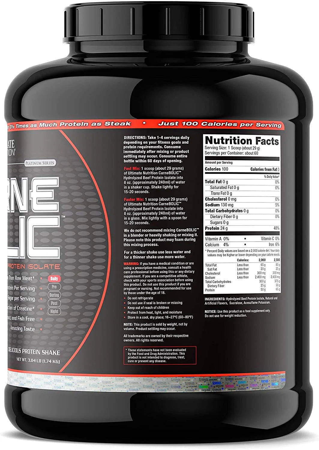 Carnebolic Beef Protein Isolate Powder with 0 Carbs 0 Sugar and 0 Fat, Chocolate, 60 Servings