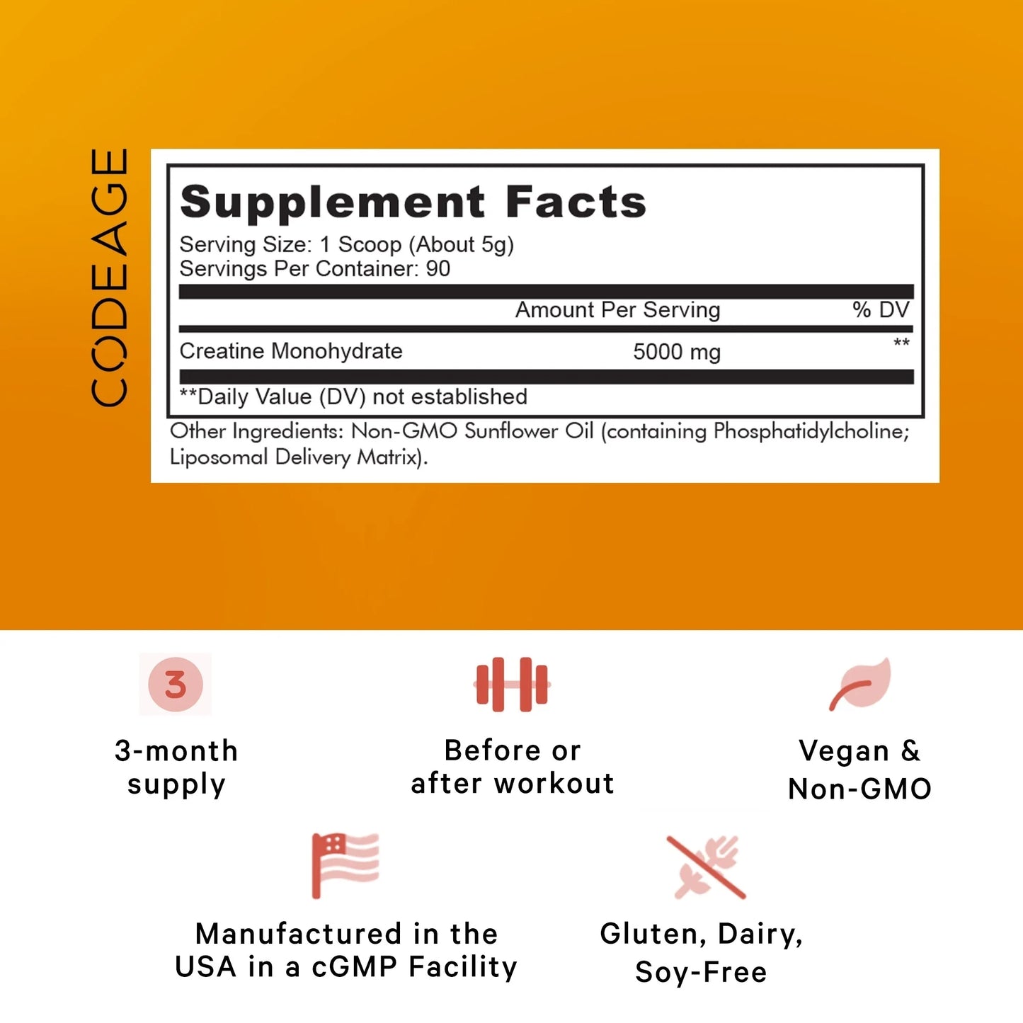Liposomal Creatine Monohydrate Powder Supplement, Unflavored, 3-Month Supply, 90 Servings