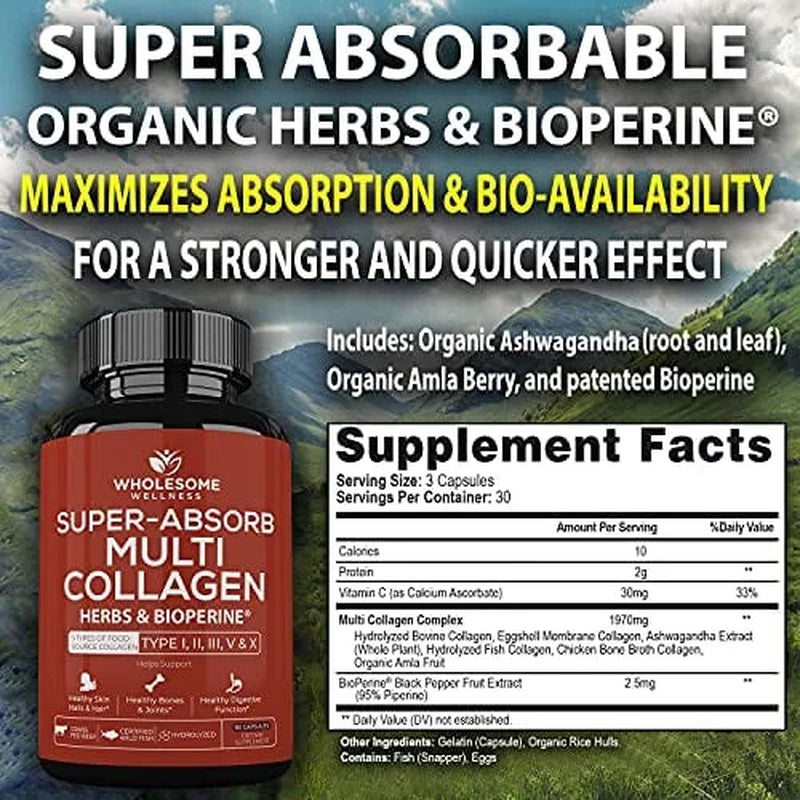 Multi Collagen Pills (Type I II III V X)And Bioperine - Hair, Skin, Nails, Joints - Collagen Peptides Protein Supplement for Women Men