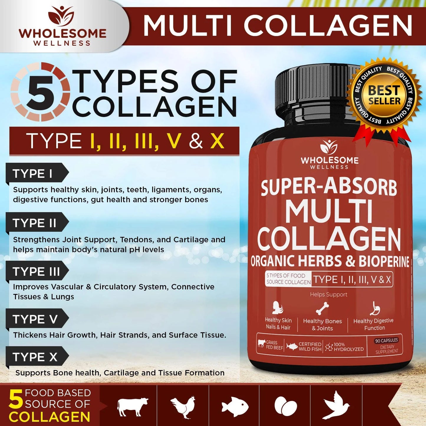 Multi Collagen Pills (Type I II III V X)And Bioperine - Hair, Skin, Nails, Joints - Collagen Peptides Protein Supplement for Women Men