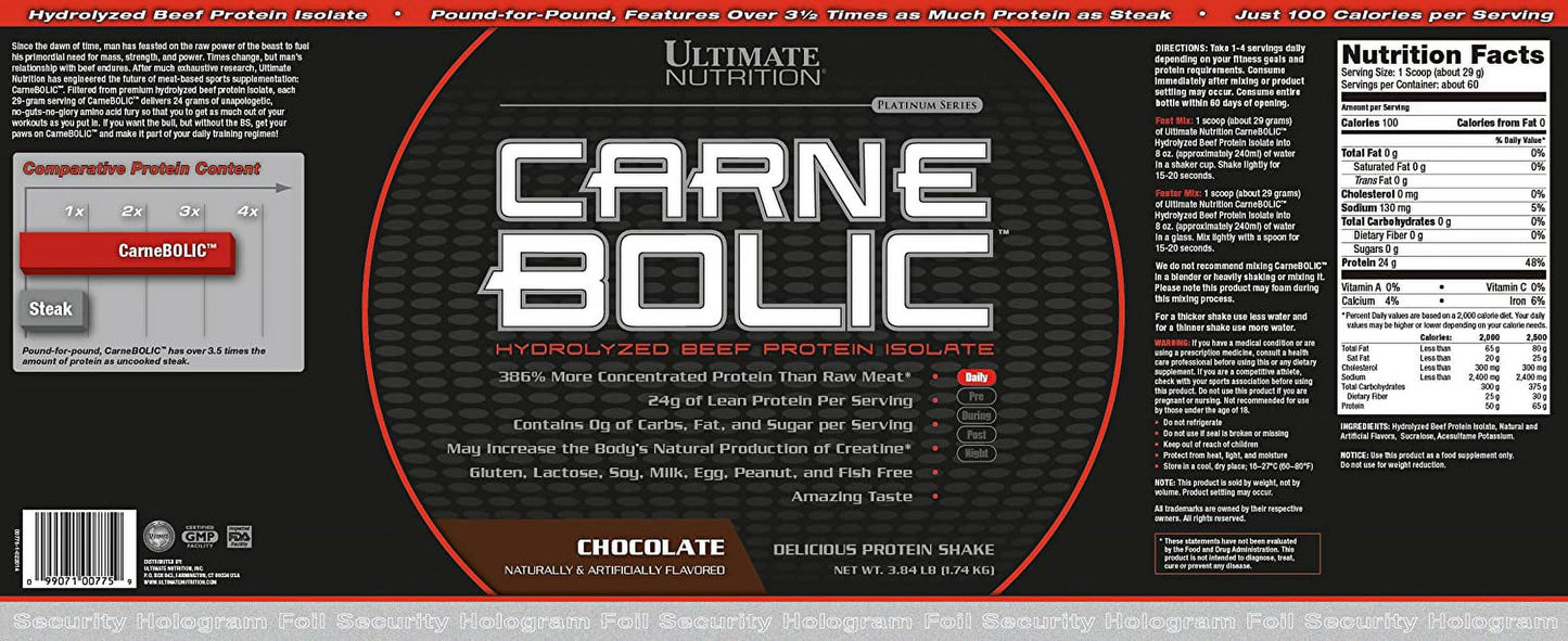 Carnebolic Beef Protein Isolate Powder with 0 Carbs 0 Sugar and 0 Fat, Chocolate, 60 Servings
