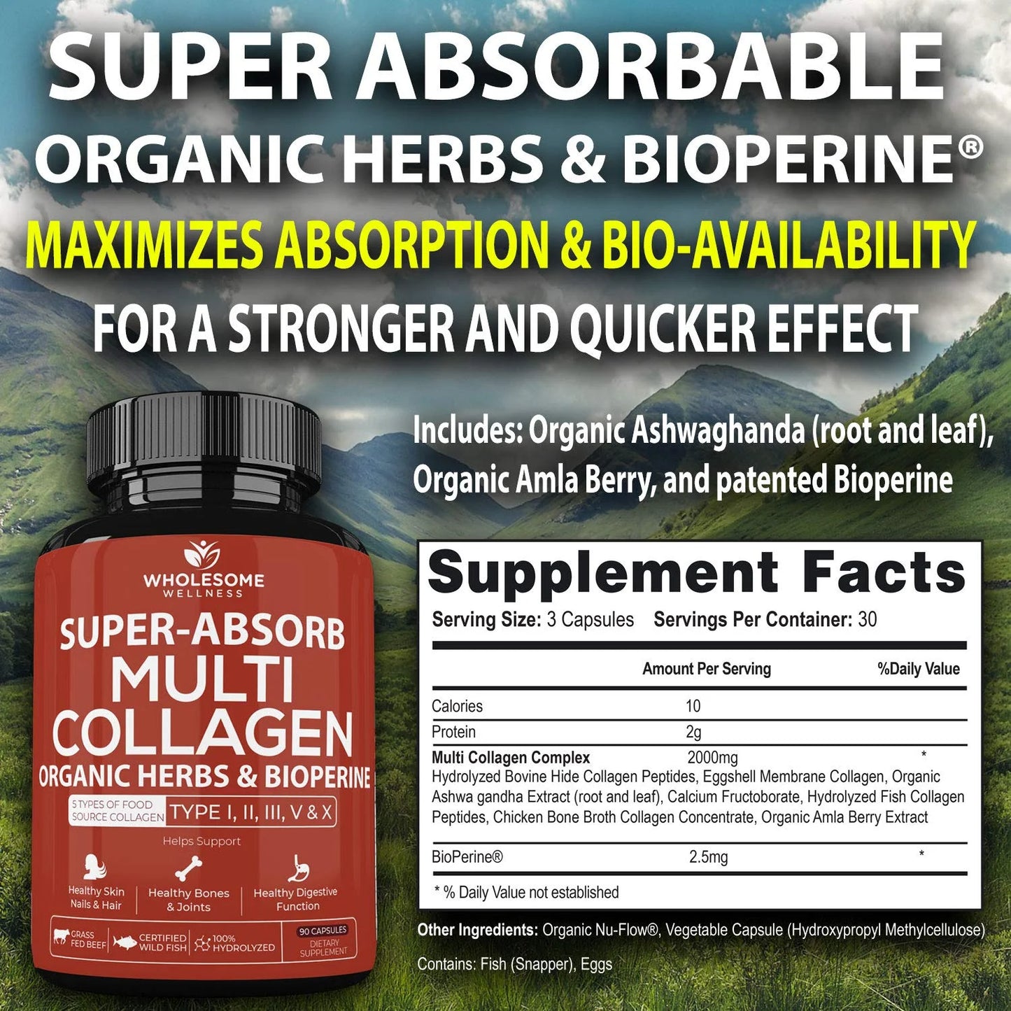 Multi Collagen Pills (Type I II III V X)And Bioperine - Hair, Skin, Nails, Joints - Collagen Peptides Protein Supplement for Women Men