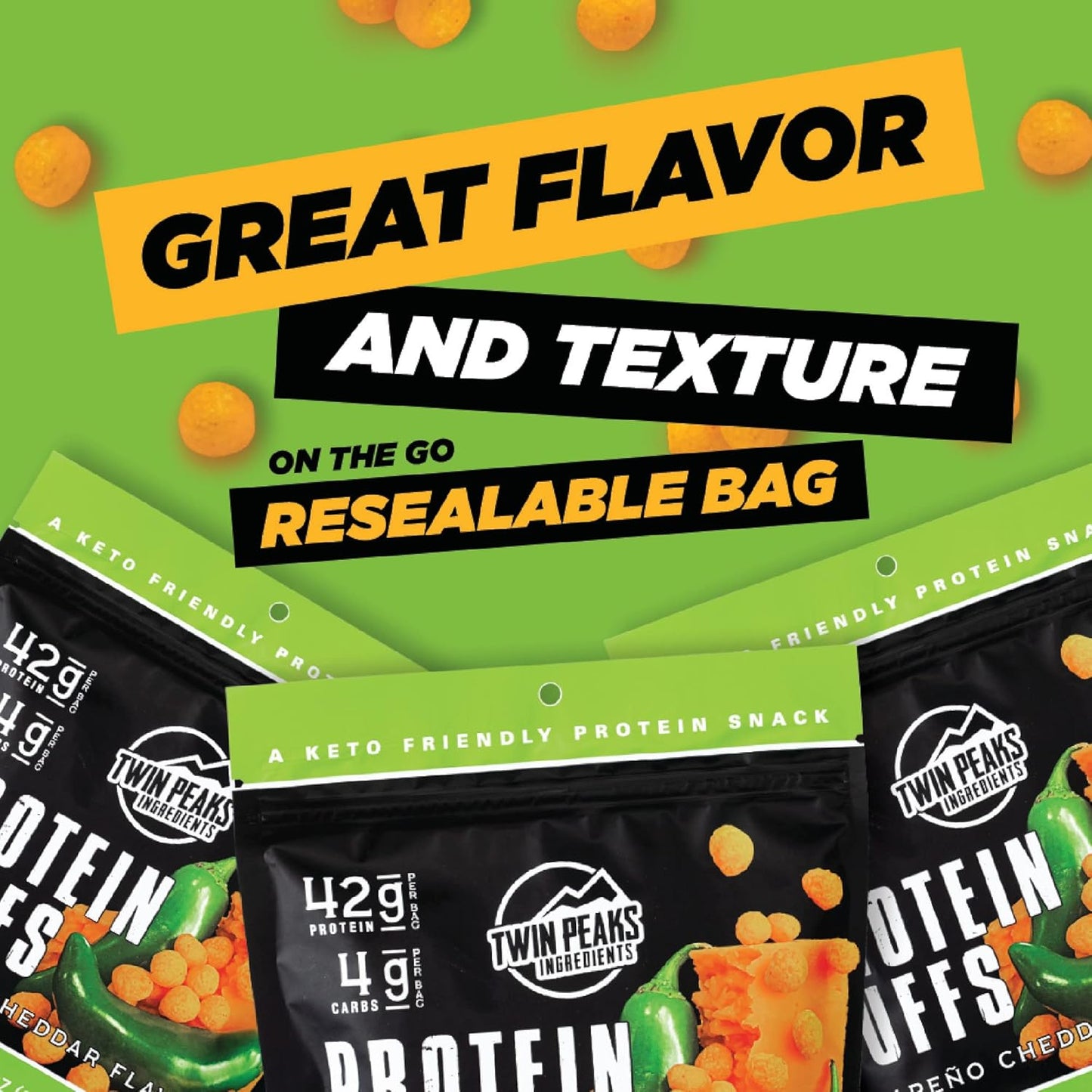 Twin Peaks Low Carb, Keto Friendly Protein Puffs, (Jalapeno Cheddar, 2.1 Ounce), 2 Servings, 3 Pack (60G, 42G Protein, 4G Carbs)