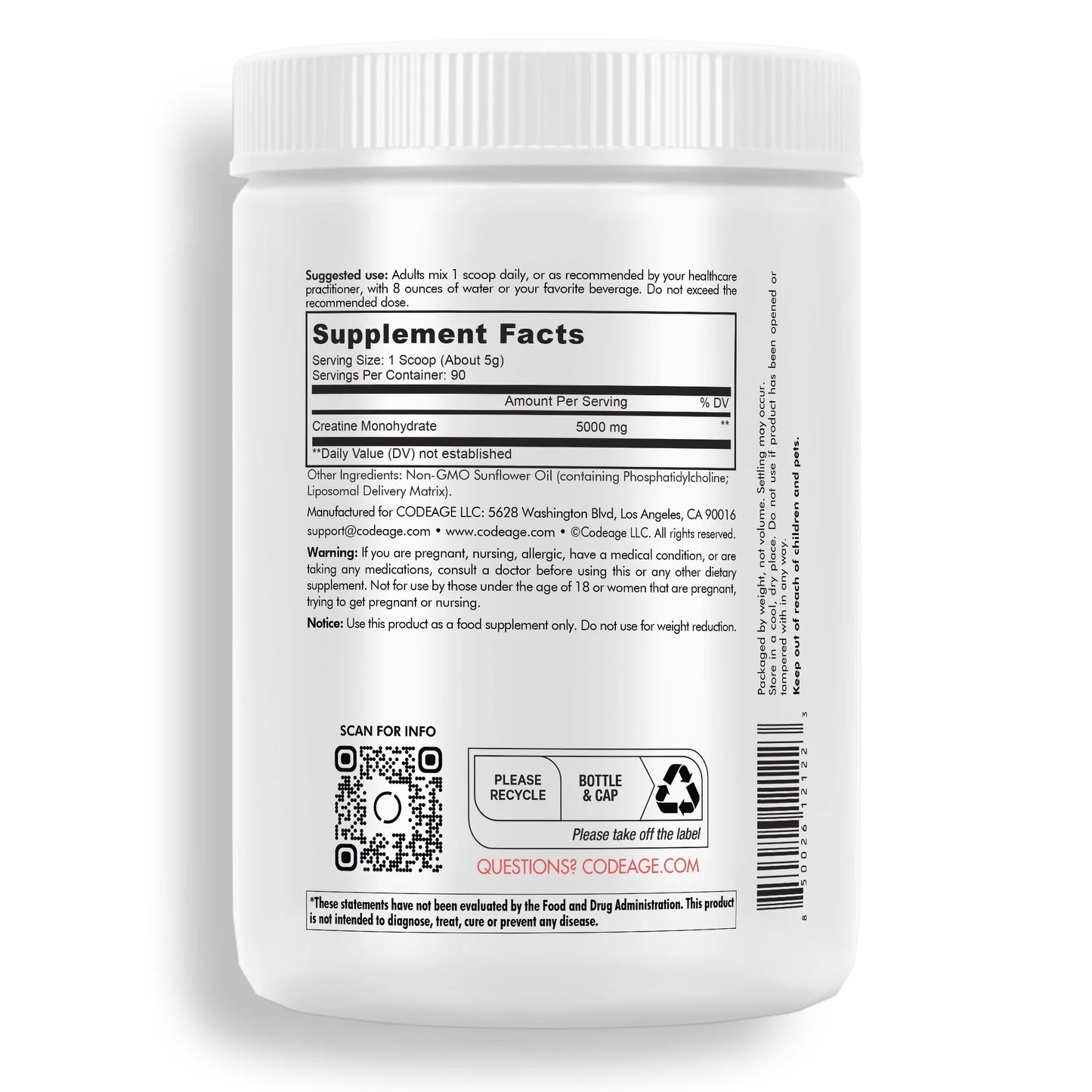 Liposomal Creatine Monohydrate Powder Supplement, Unflavored, 3-Month Supply, 90 Servings