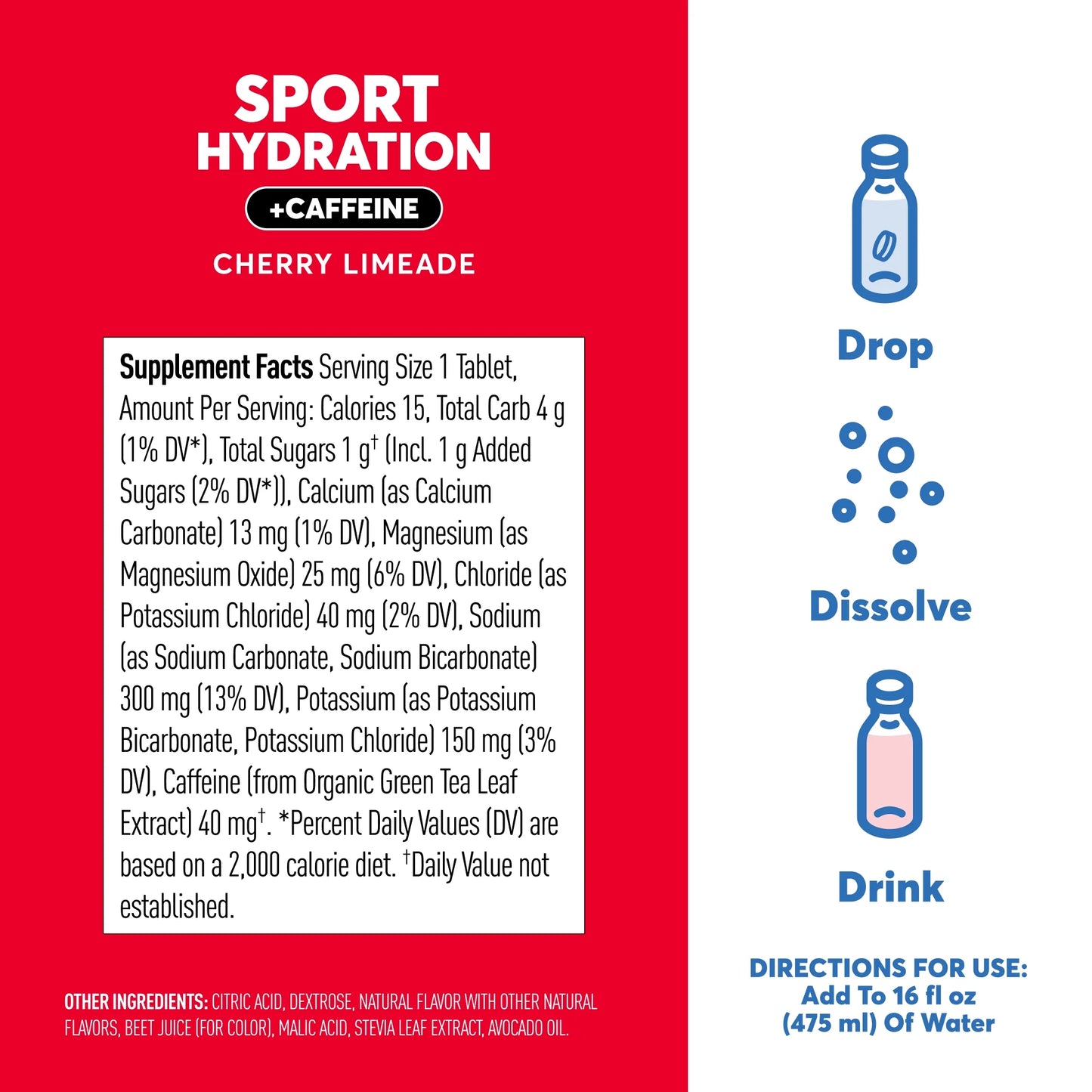 Sport +Caffeine Electrolyte Tablets for Proactive Hydration, Cherry Limeade, 8 - 10 Count Tubes