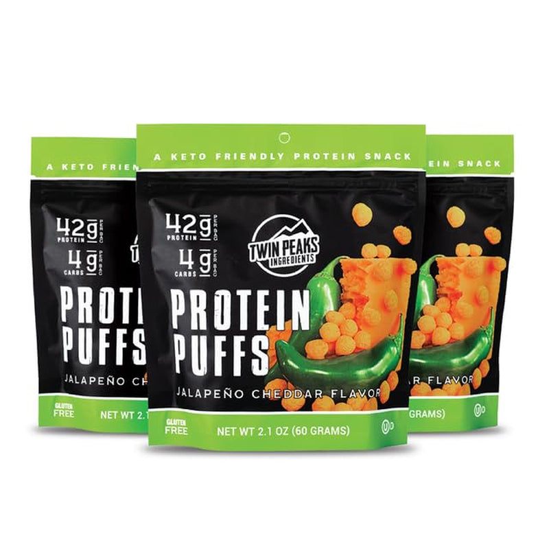 Twin Peaks Low Carb, Keto Friendly Protein Puffs, (Jalapeno Cheddar, 2.1 Ounce), 2 Servings, 3 Pack (60G, 42G Protein, 4G Carbs)