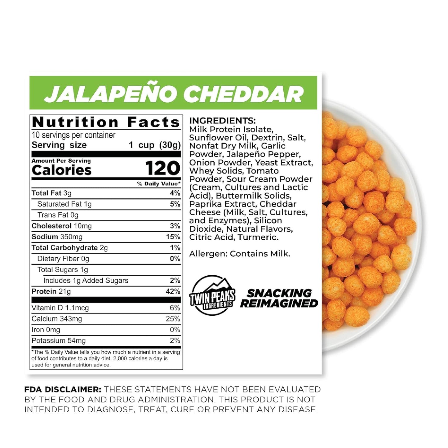 Twin Peaks Low Carb, Keto Friendly Protein Puffs, Jalapeno Cheddar (300G, 21G Protein, 2G Carbs)