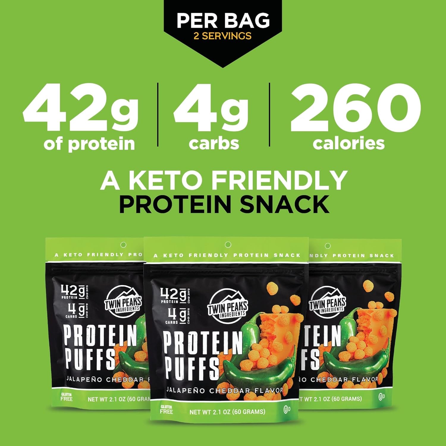 Twin Peaks Low Carb, Keto Friendly Protein Puffs, (Jalapeno Cheddar, 2.1 Ounce), 2 Servings, 3 Pack (60G, 42G Protein, 4G Carbs)