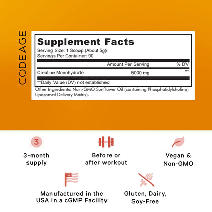 Liposomal Creatine Monohydrate Powder Supplement, Unflavored, 3-Month Supply, 90 Servings