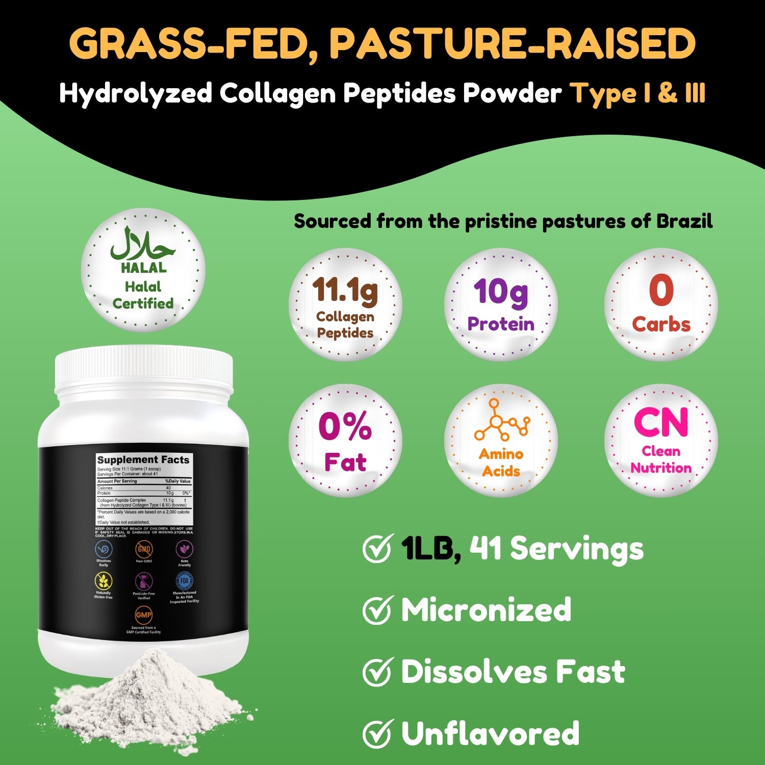 Halal & Grass-Fed Hydrolyzed Collagen Peptides Protein Powder