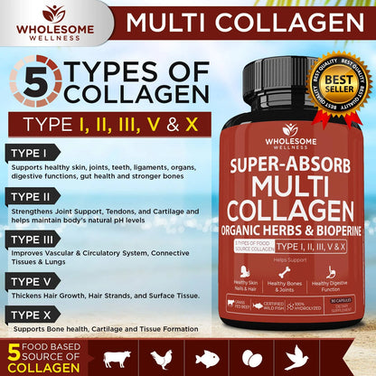 Multi Collagen Pills (Type I II III V X)And Bioperine - Hair, Skin, Nails, Joints - Collagen Peptides Protein Supplement for Women Men