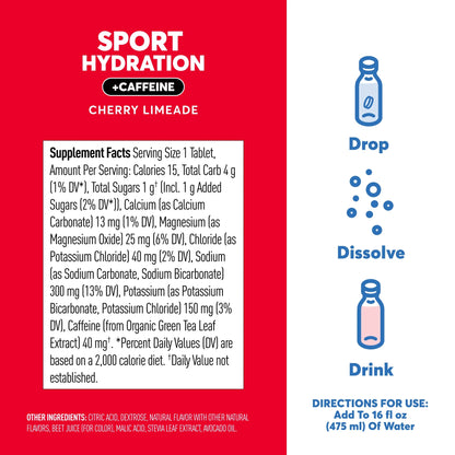 Sport +Caffeine Electrolyte Tablets for Proactive Hydration, Cherry Limeade, 8 - 10 Count Tubes