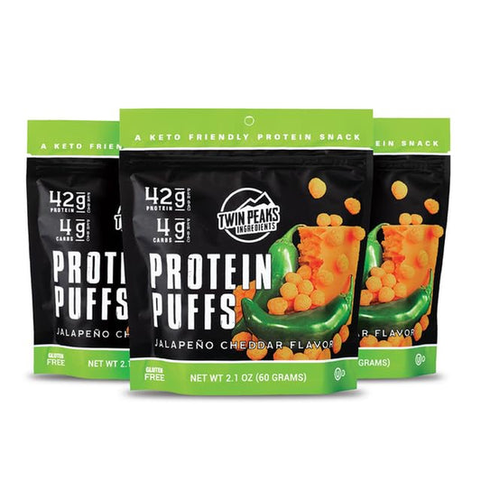 Twin Peaks Low Carb, Keto Friendly Protein Puffs, (Jalapeno Cheddar, 2.1 Ounce), 2 Servings, 3 Pack (60G, 42G Protein, 4G Carbs)